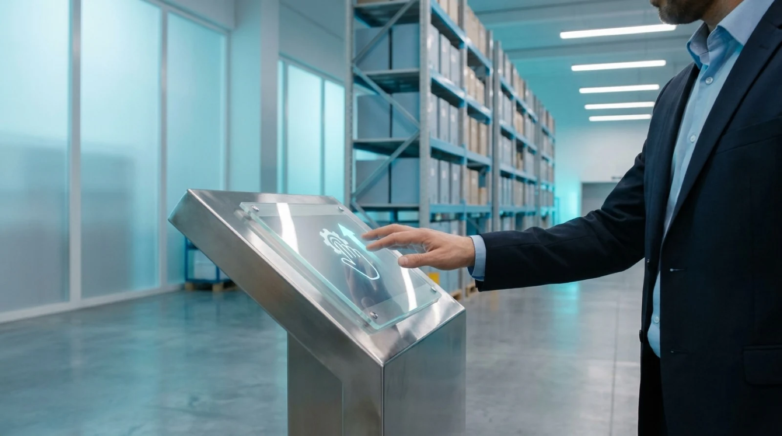 person in suit pushing a value added button on a screen overlay
