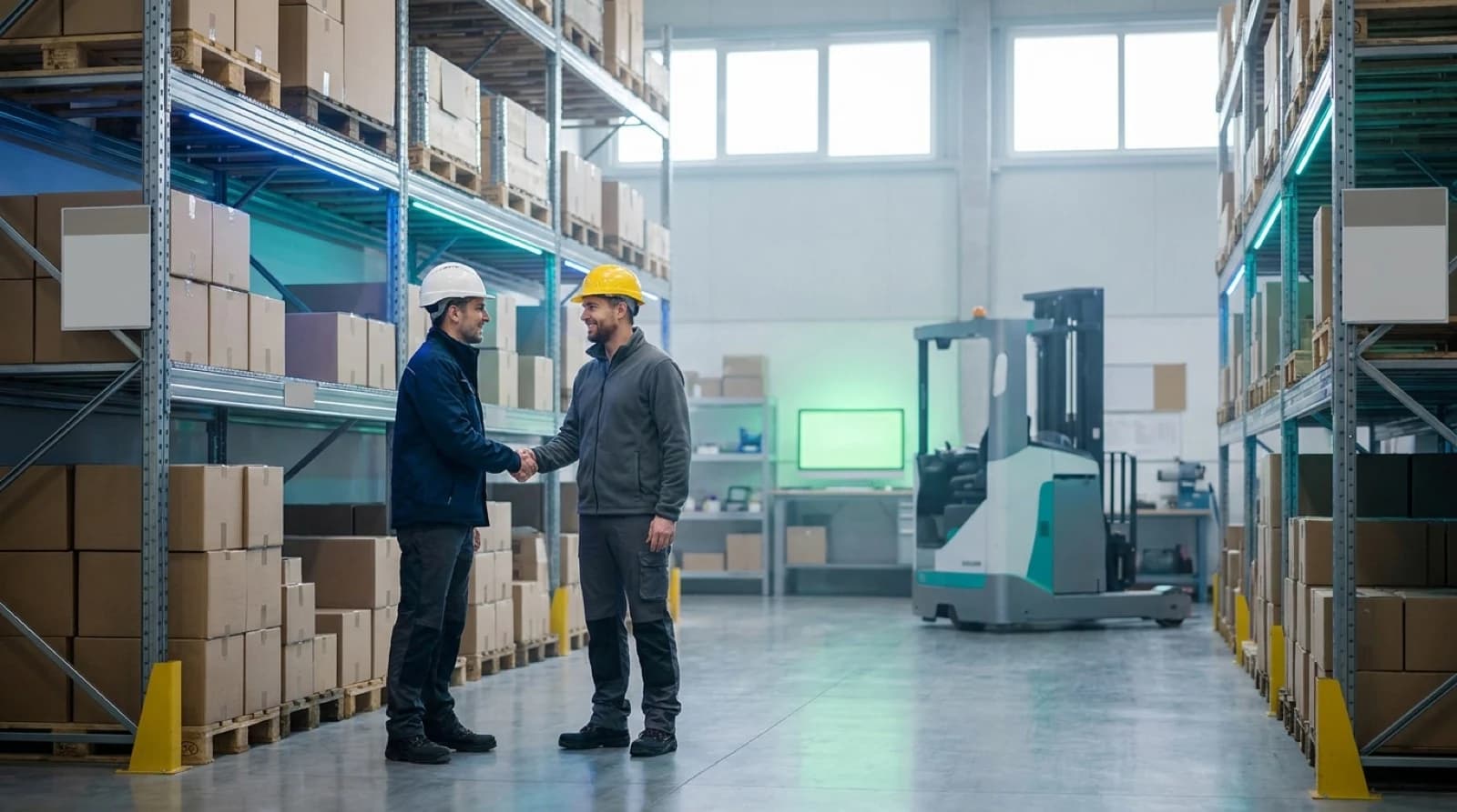 two men in hard hats shaking hands in a warehouse