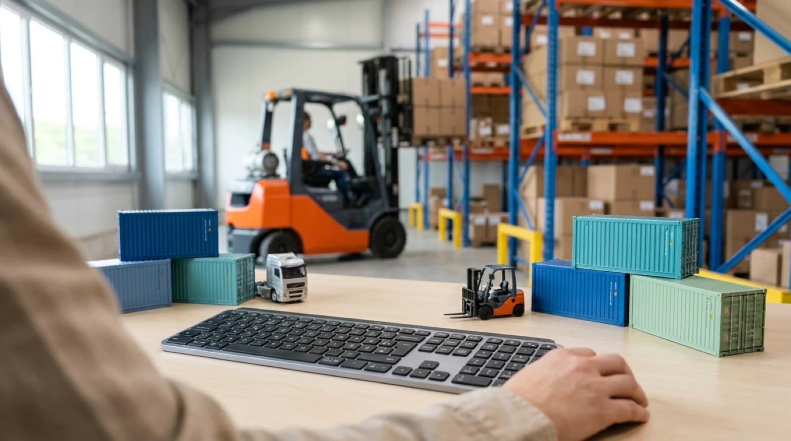 keyboard surrounded by mini shipping containers, forklift, and semi truck