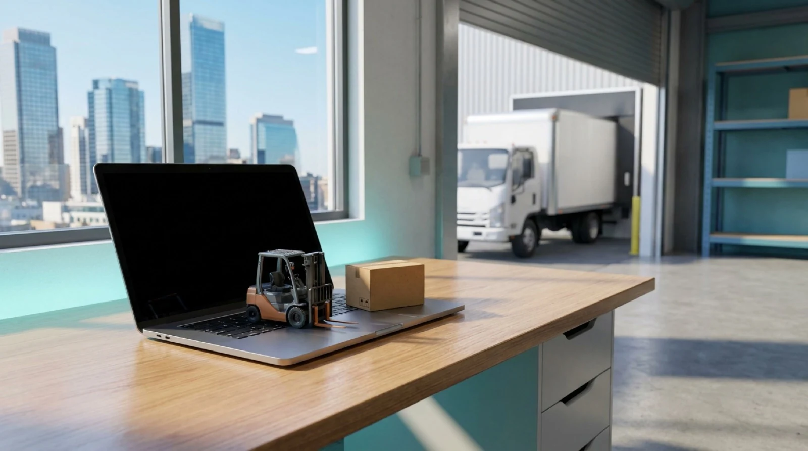 a miniature box and forklift truck on a laptop with some skyscrapers on one side and a delivery truck on the other