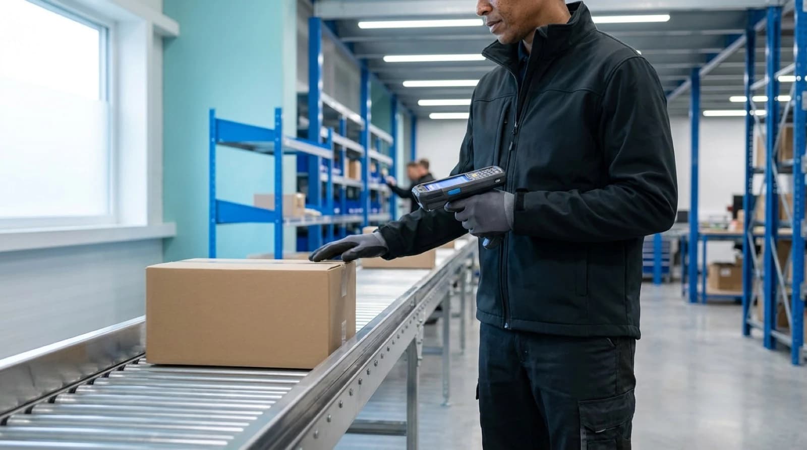 warehouse worker holding a scanner with a box on a conveyor belt