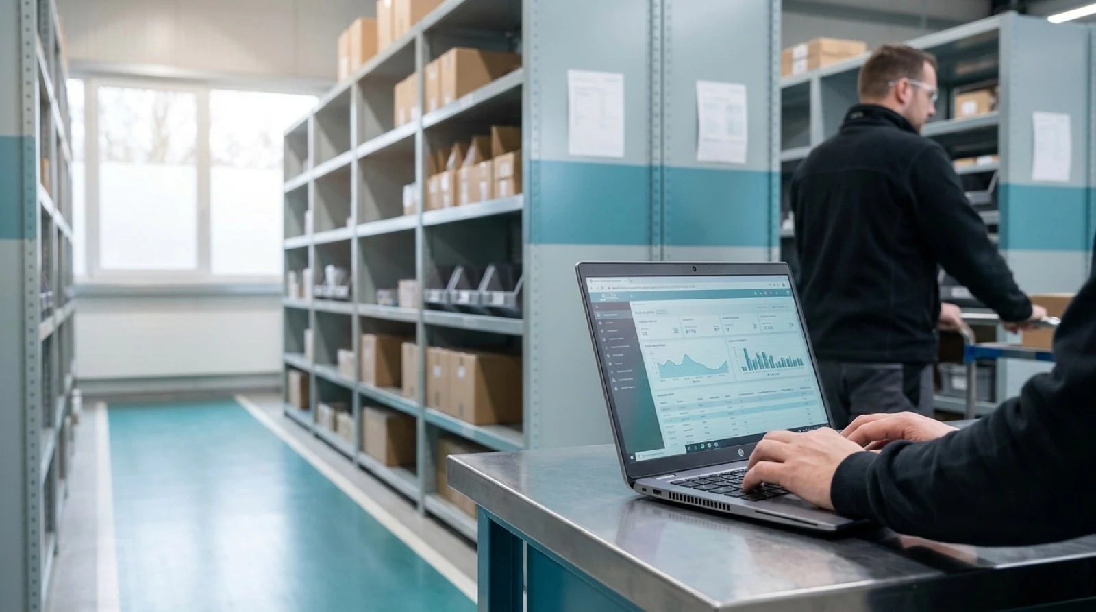 laptop in a warehouse with a Warehouse Management dashboard on the screen