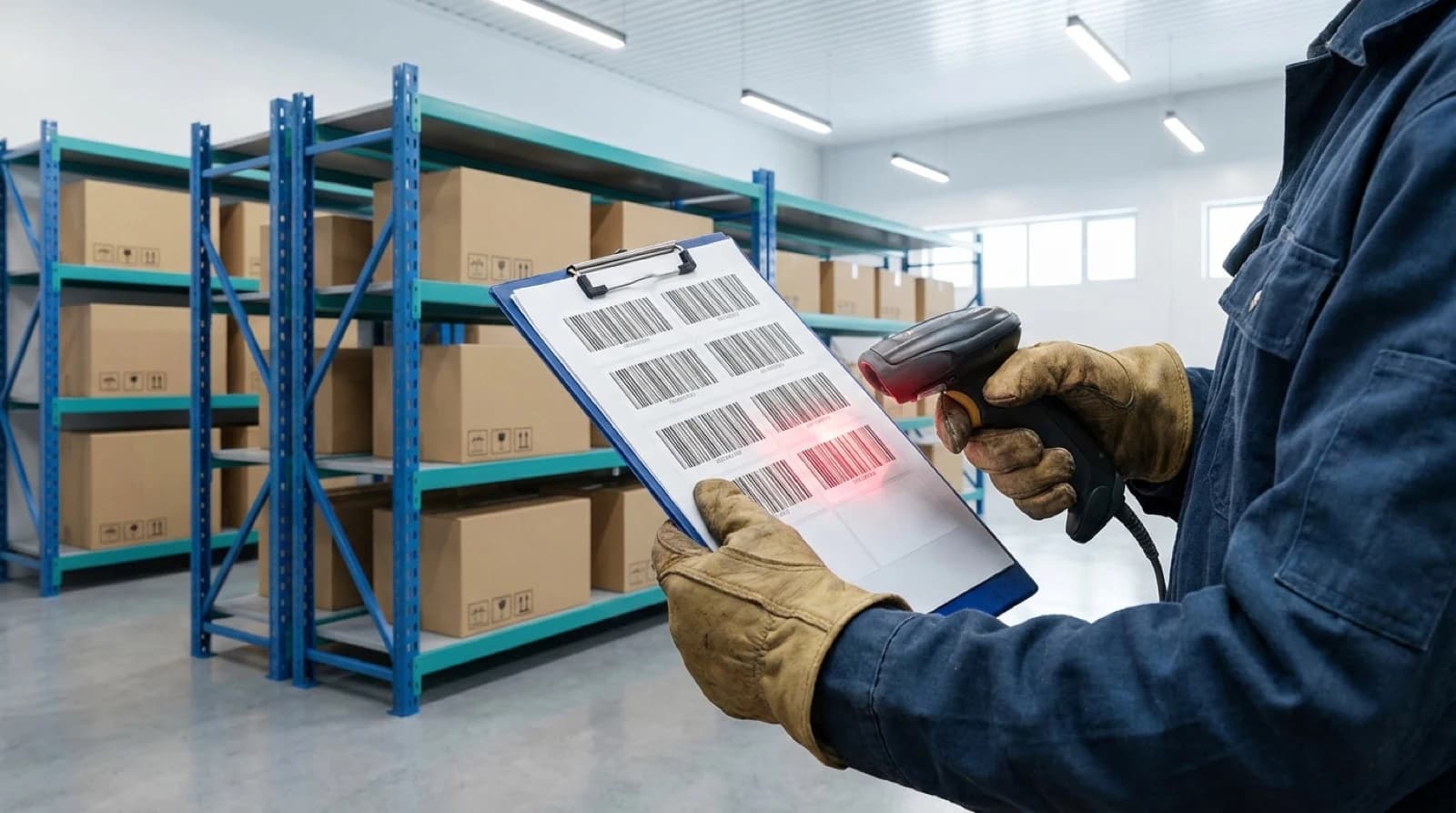hands scanning barcodes on a clipboard with warehouse shelves in the background
