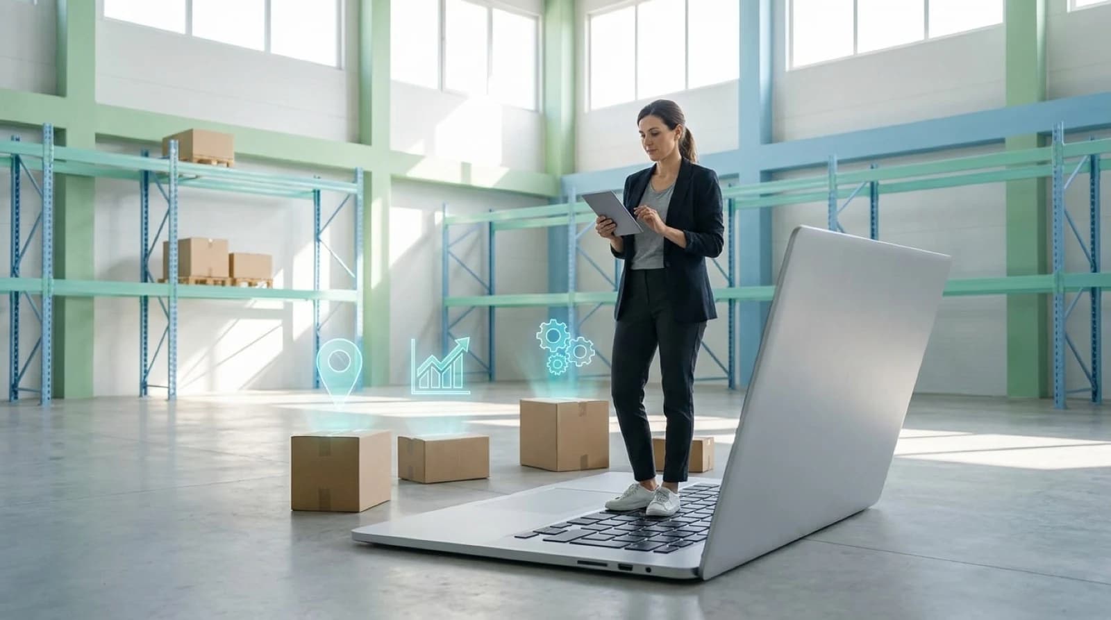 woman standing on a giant laptop, surrounded by a box, location icons and graphs