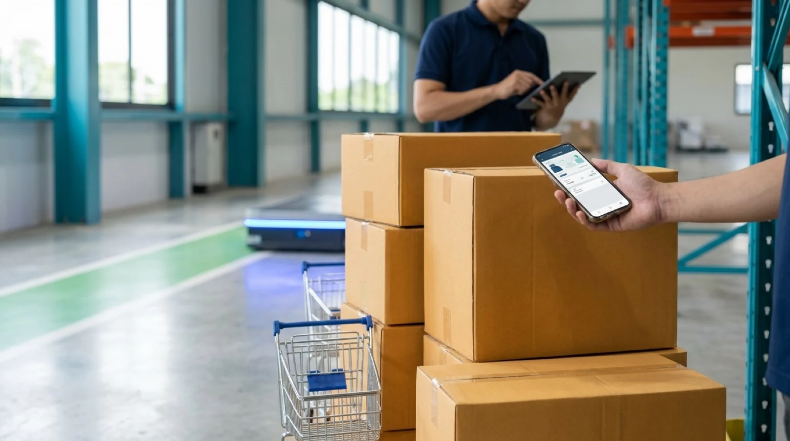 a phone and a stack of boxes with shopping carts on them