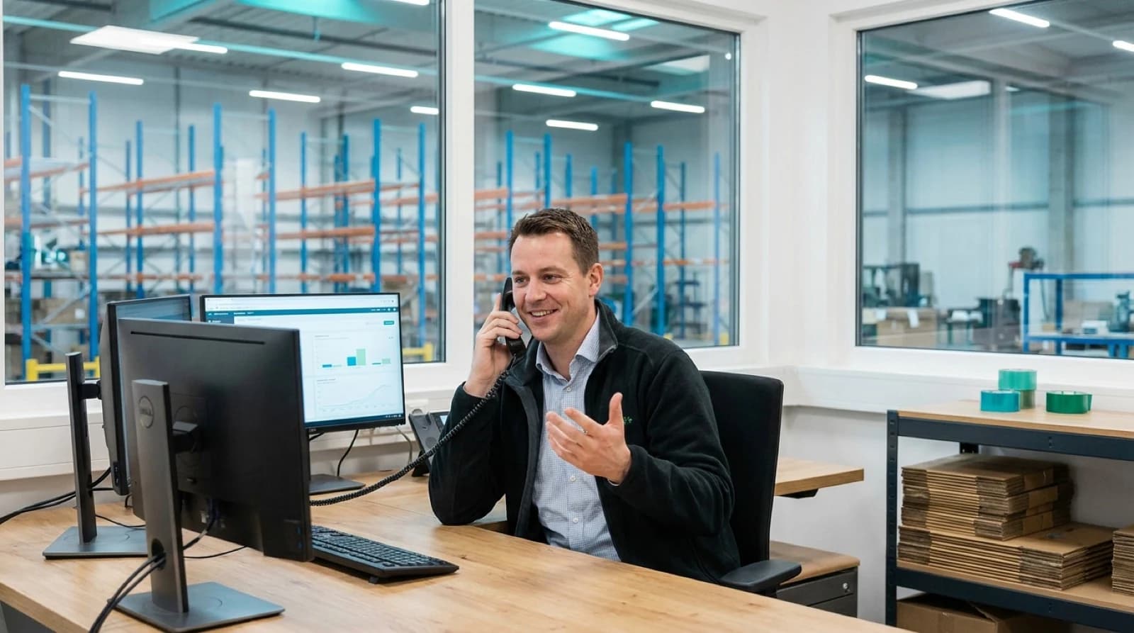 warehouse worker sitting at a desk inside a warehouse on the phone with a customer