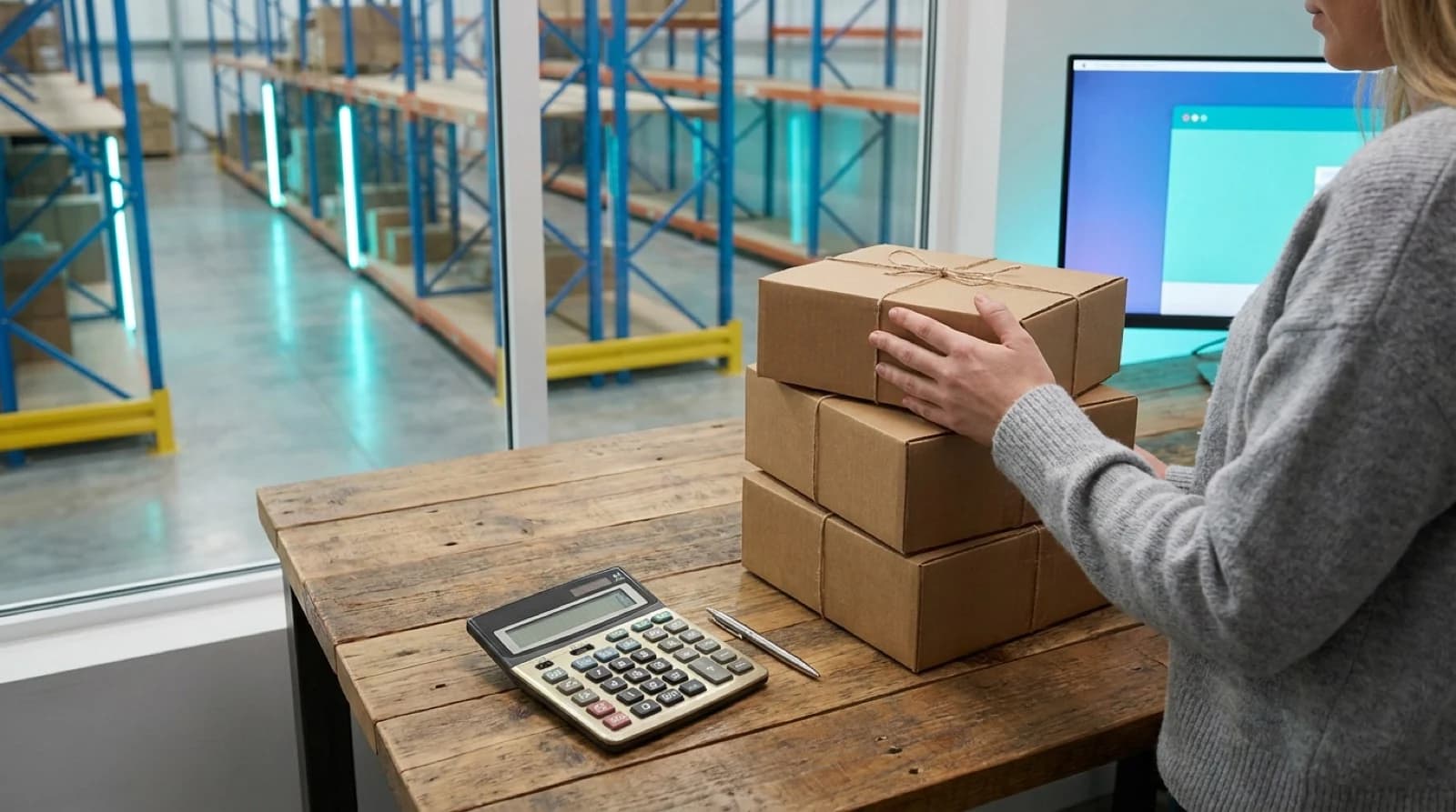 a desk with a calculator, pen and stack of boxes