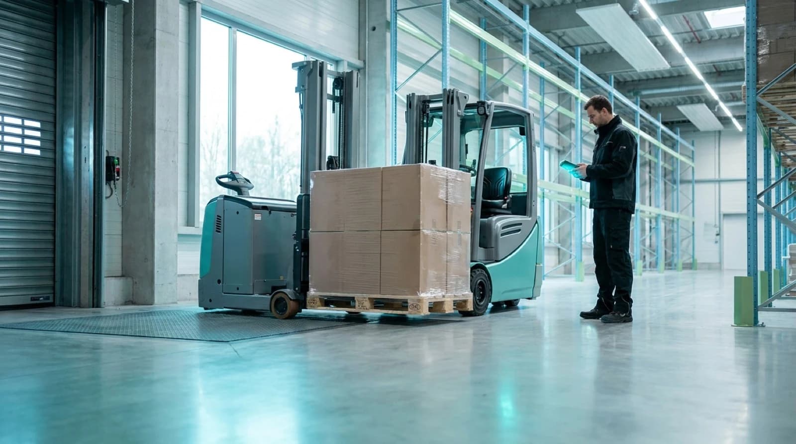 forklift with a pallet at a warehouse loading dock