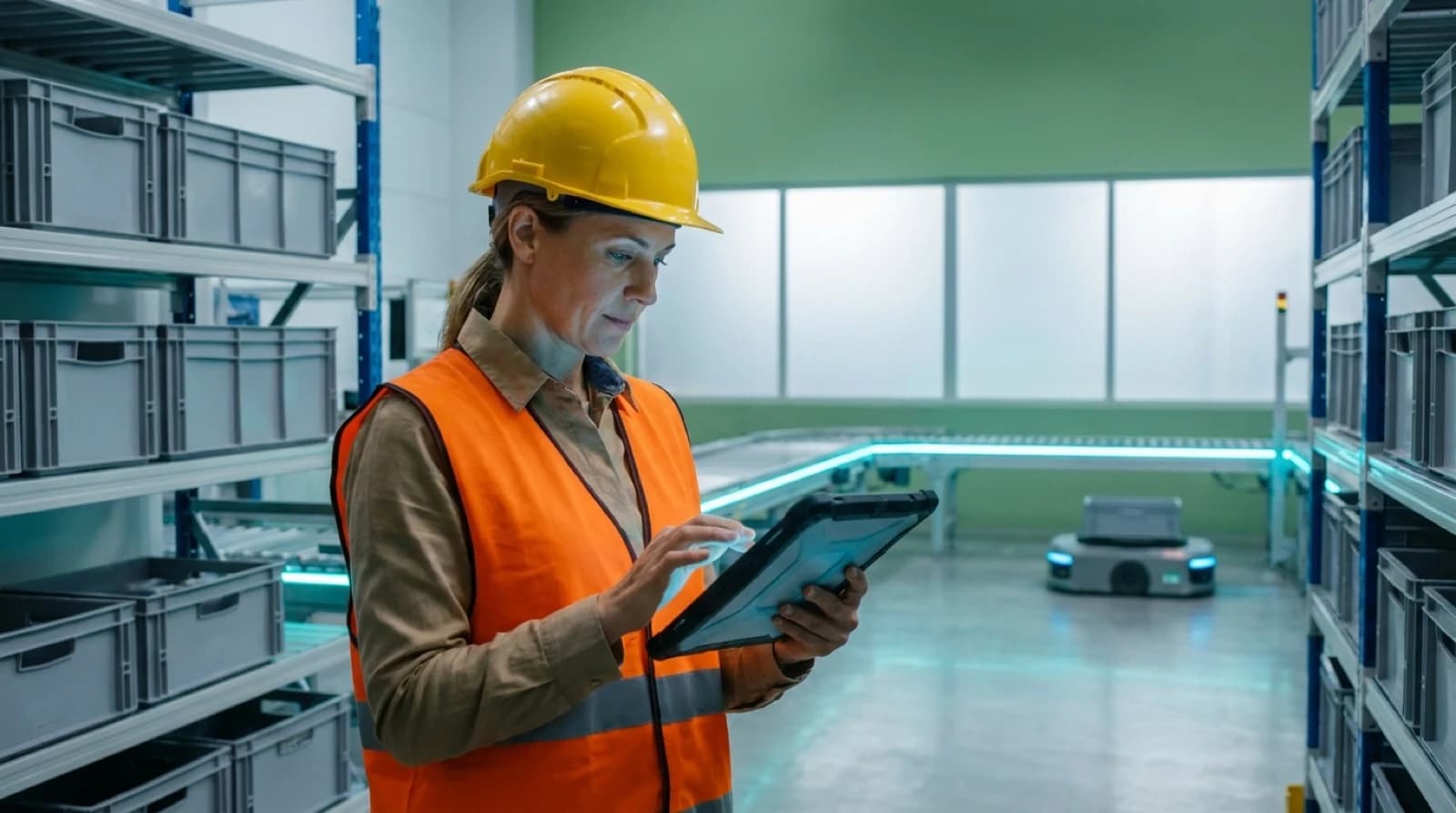 Warehouse manager in hard hat and safety vest using tablet for 3PL inventory management