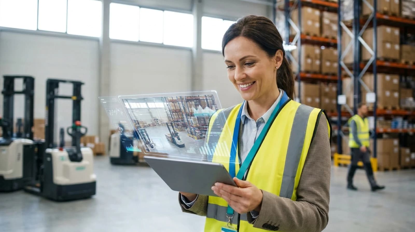 female warehouse manager using cloud wms with data overlay illustration