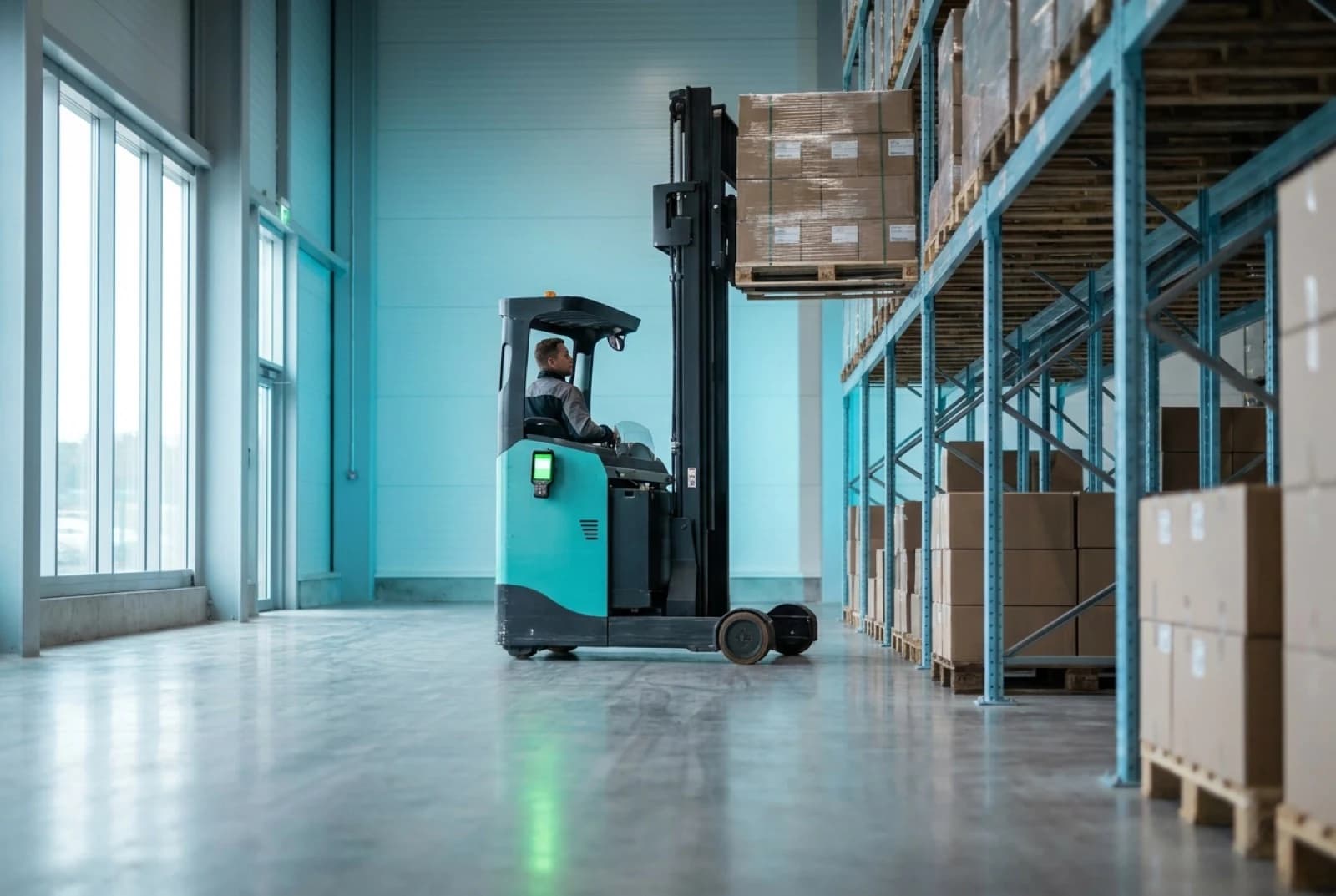 forklift putting a pallet on a rack in a warehouse