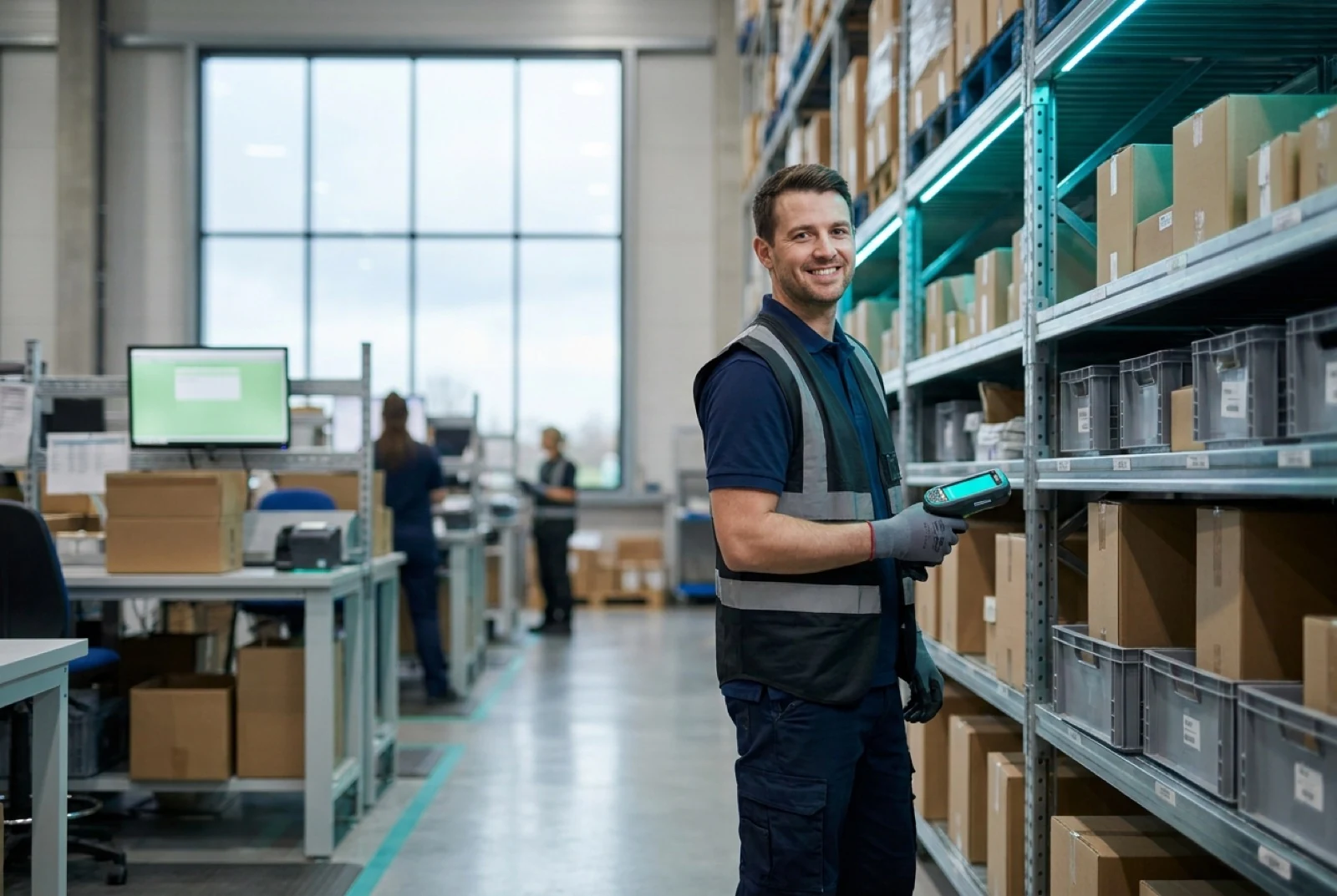 Smiling warehouse worker in safety vest holding barcode scanner in fulfillment center