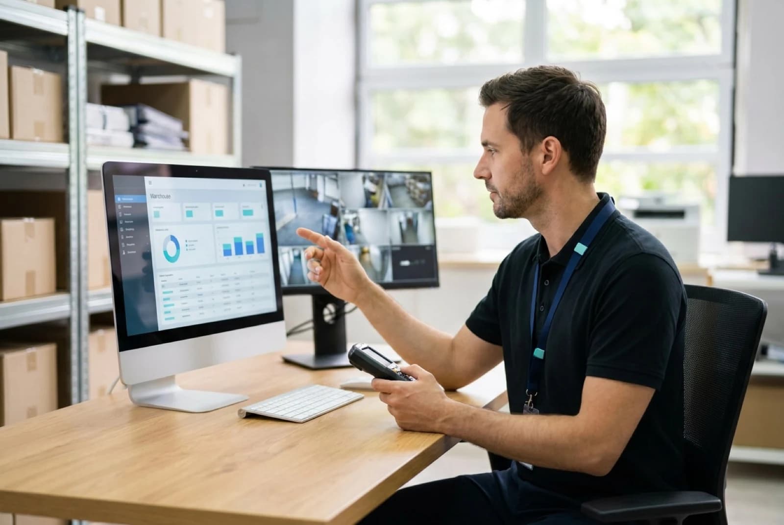man using warehouse security systems equipment and computer on desk