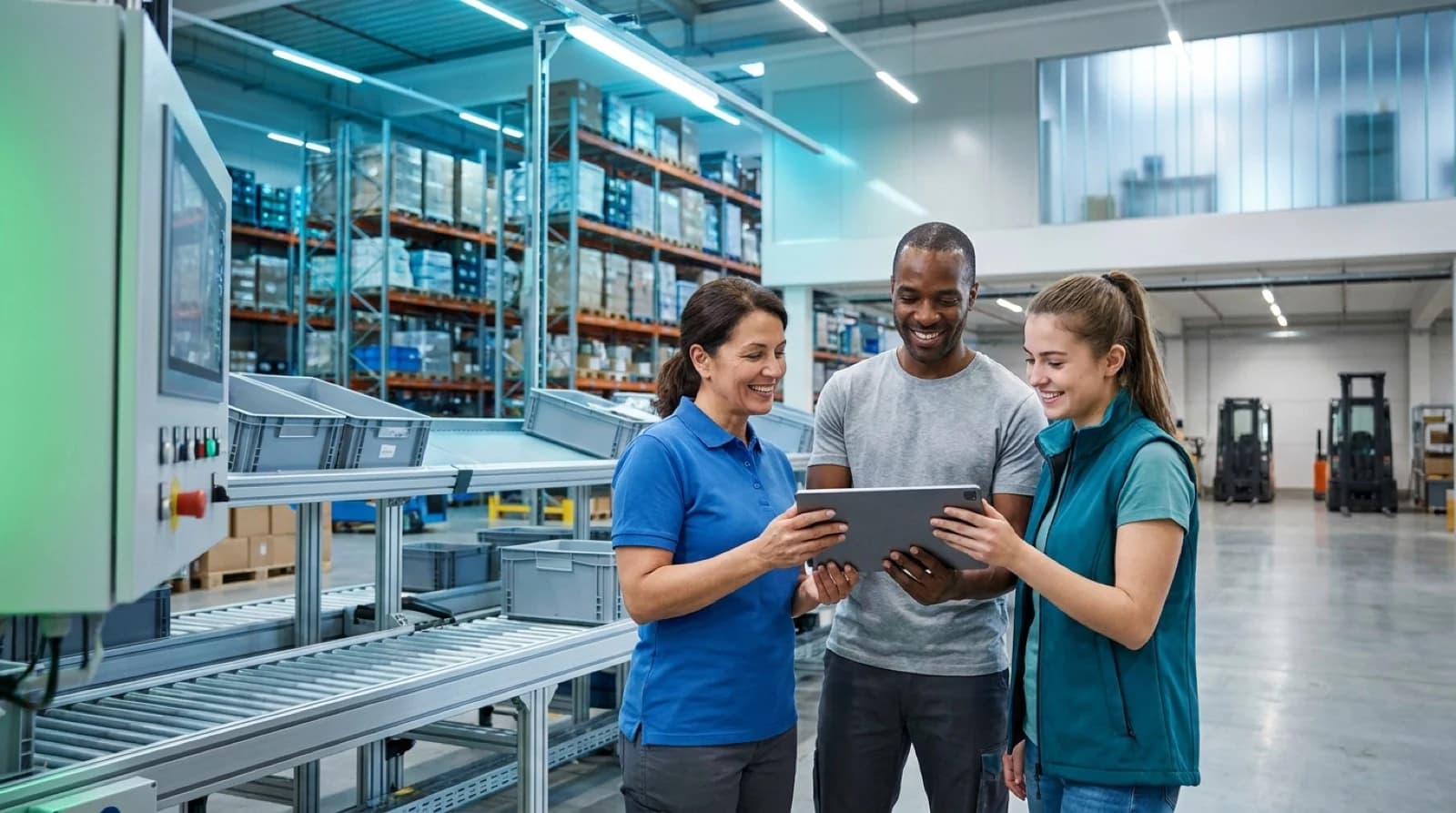 smiling diverse warehouse employees