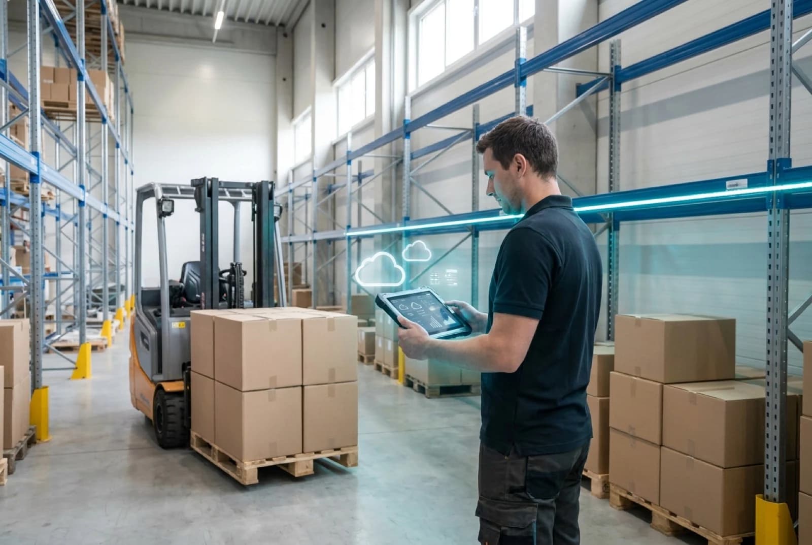 Warehouse worker using tablet with cloud WMS integration icons for 3PL eCommerce management