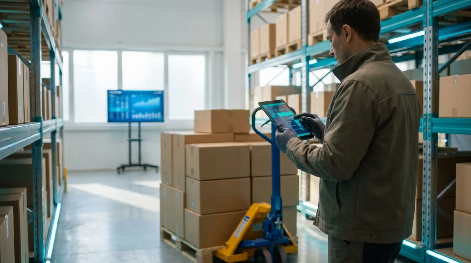 a person checking boxes next to a pallet truck of boxes