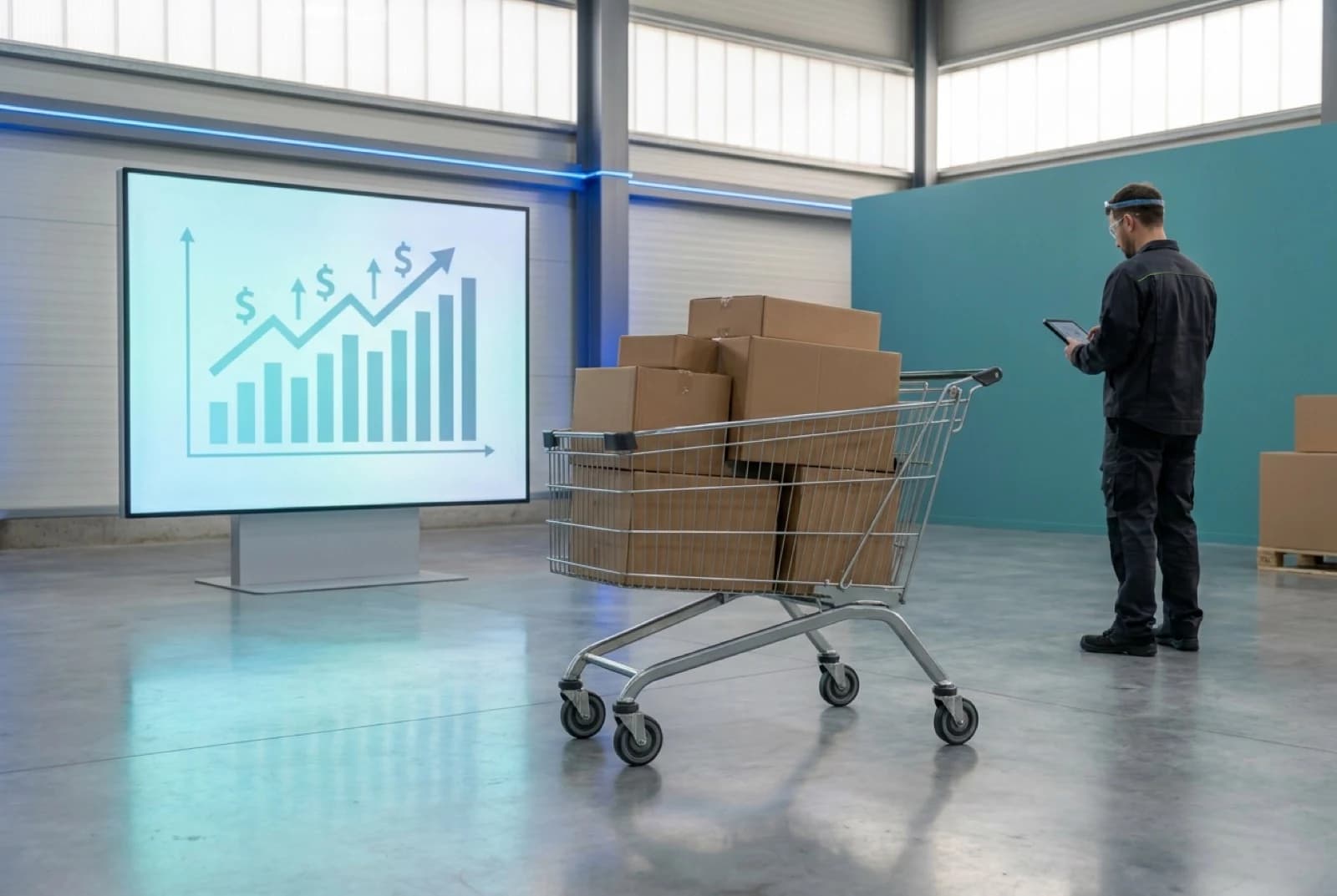 Shopping cart filled with cardboard boxes beside rising dollar sales growth chart