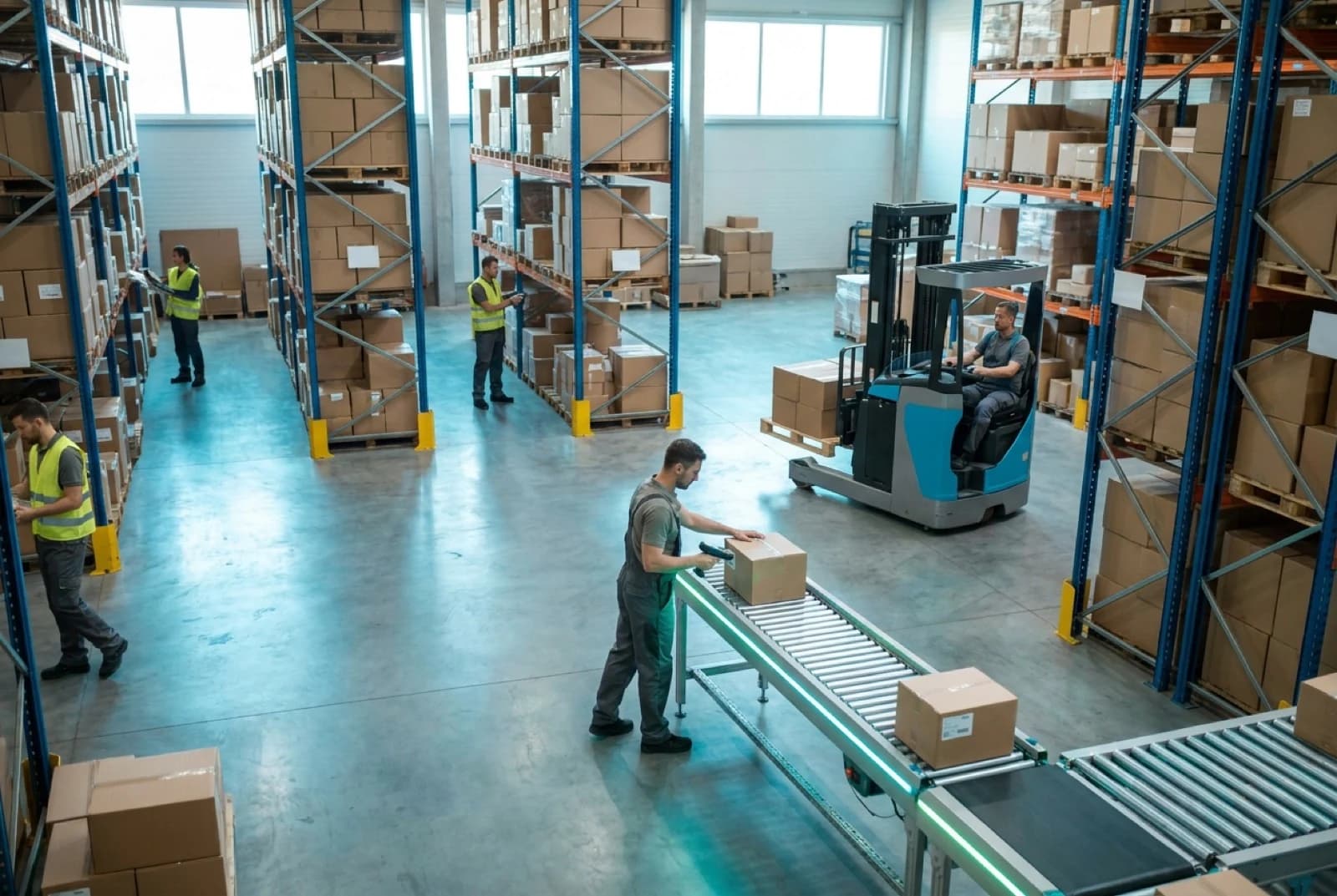 Workers fulfilling orders in a busy 3PL warehouse with stacked cardboard boxes on shelving