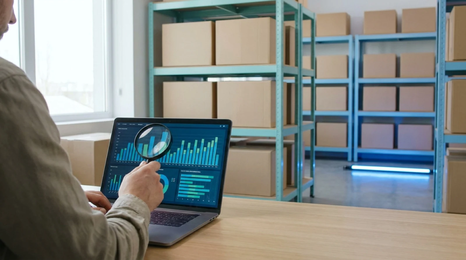 magnifying glass looking at laptop screen with charts