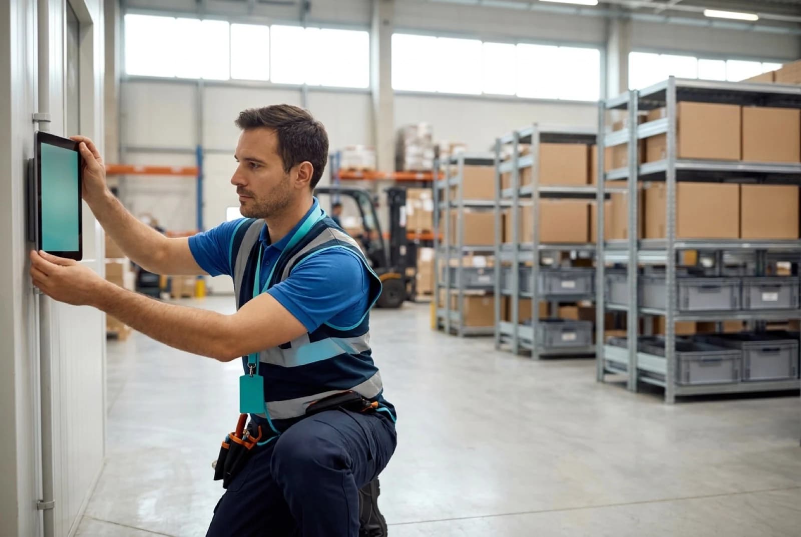 man installing warehouse security system panel