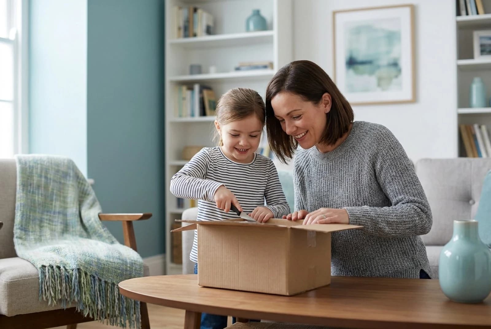 mom and daughter opening a box that came in the mail, both smiling