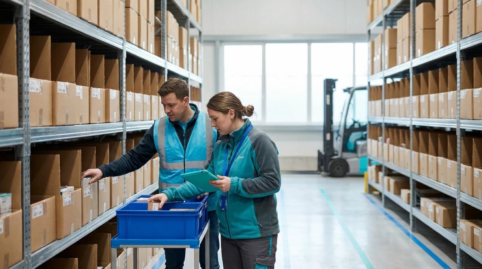 Warehouse workers in safety vests picking orders among tall storage racks filled with boxes