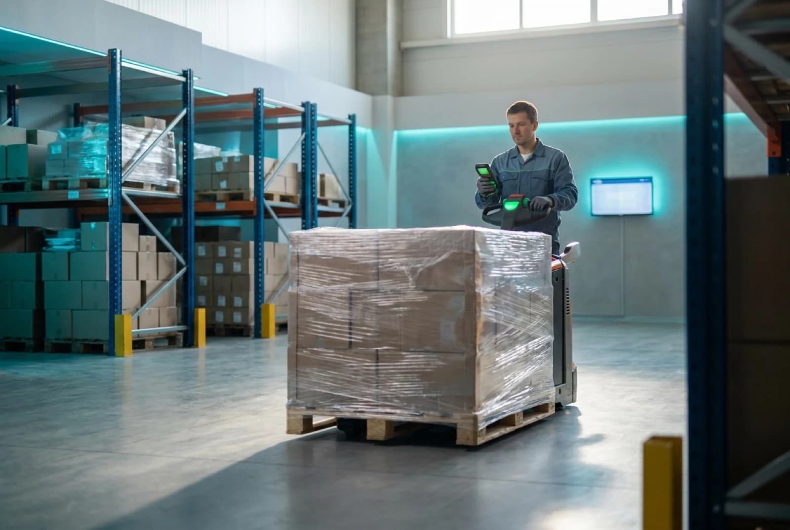 moving a shrink-wrapped pallet in a warehouse
