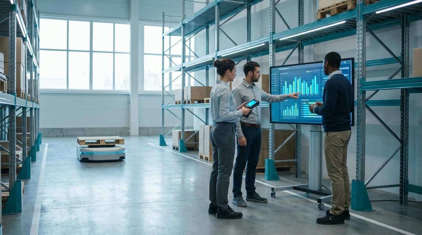 showing a warehouse and technology including scanners, reporting, and robots