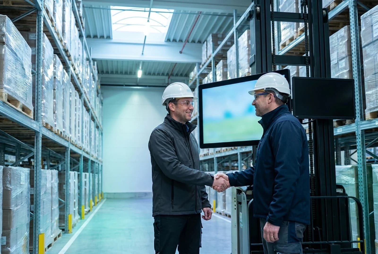 two men in hard hats shaking hands in a warehouse