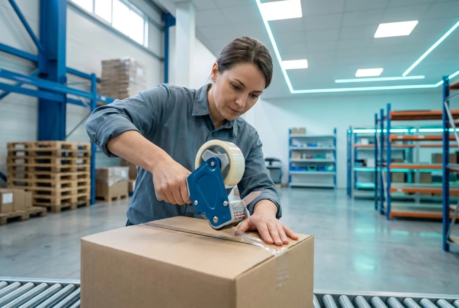 Warehouse worker sealing cardboard box with packing tape on conveyor belt