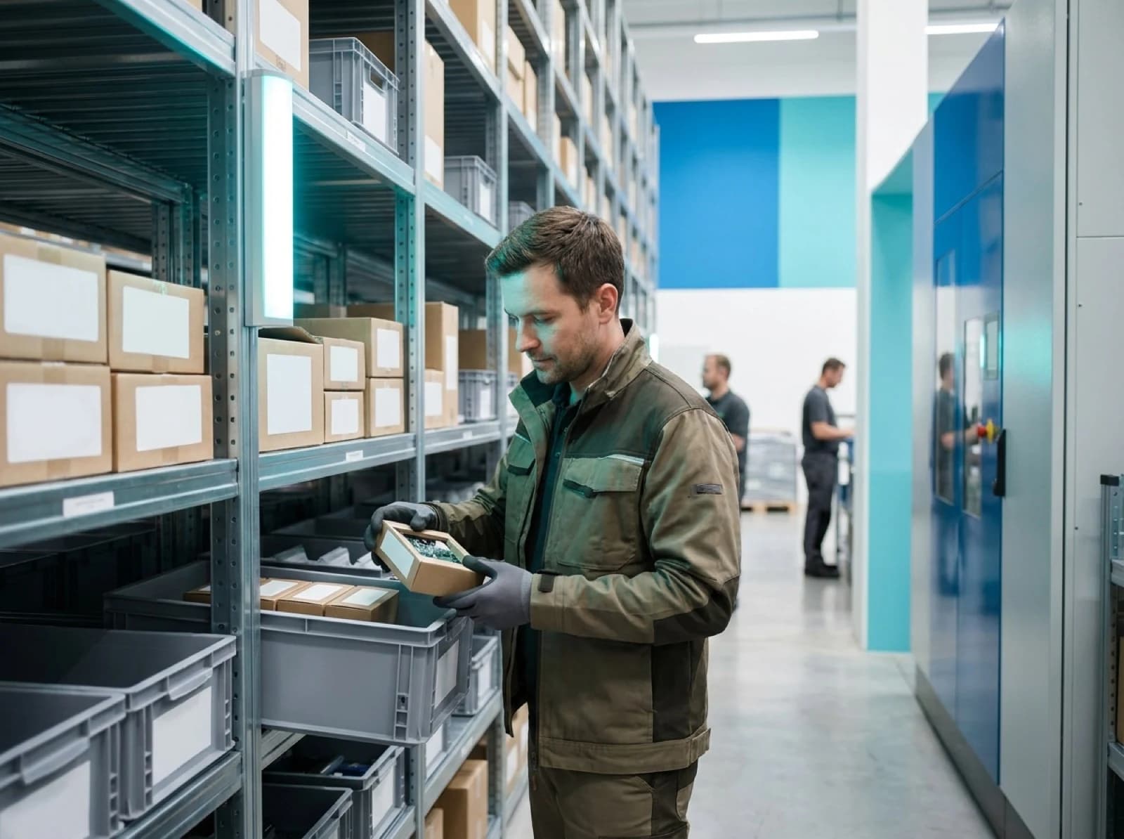 man in warehouse picking an item from a bin on a warehouse shelf