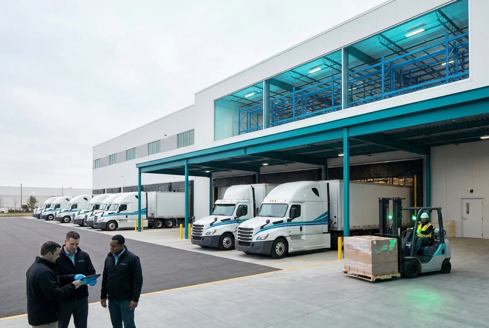 distribution center building with trucks in the parking lot and at the dock loading