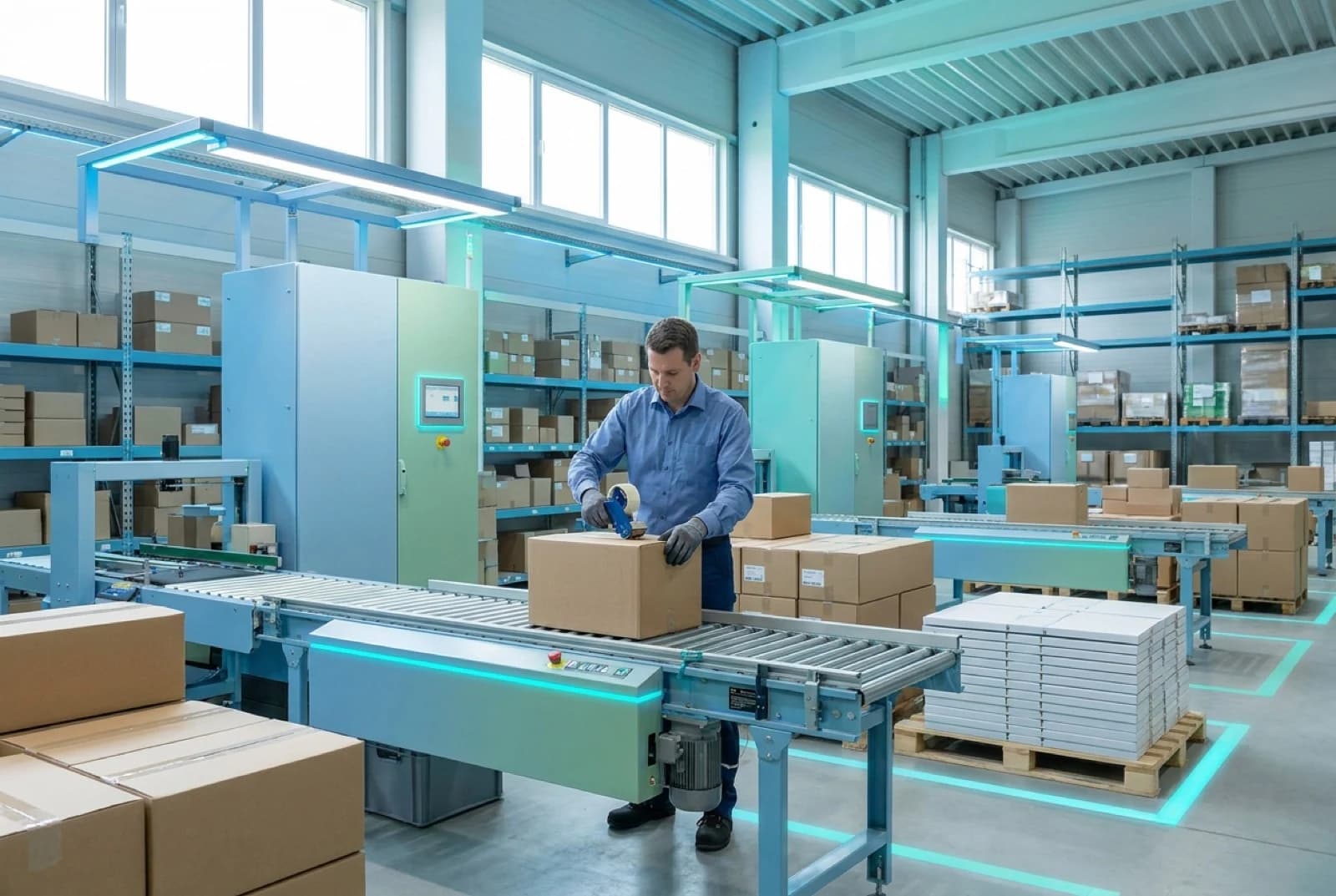 Warehouse worker in blue shirt packing boxes on conveyor belt system
