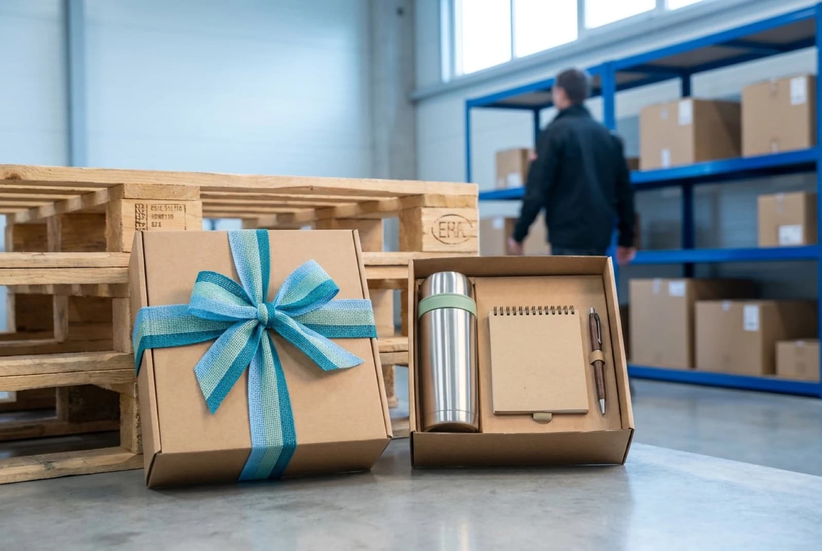 a box with a thermos, notepad, and pen with a bow around it