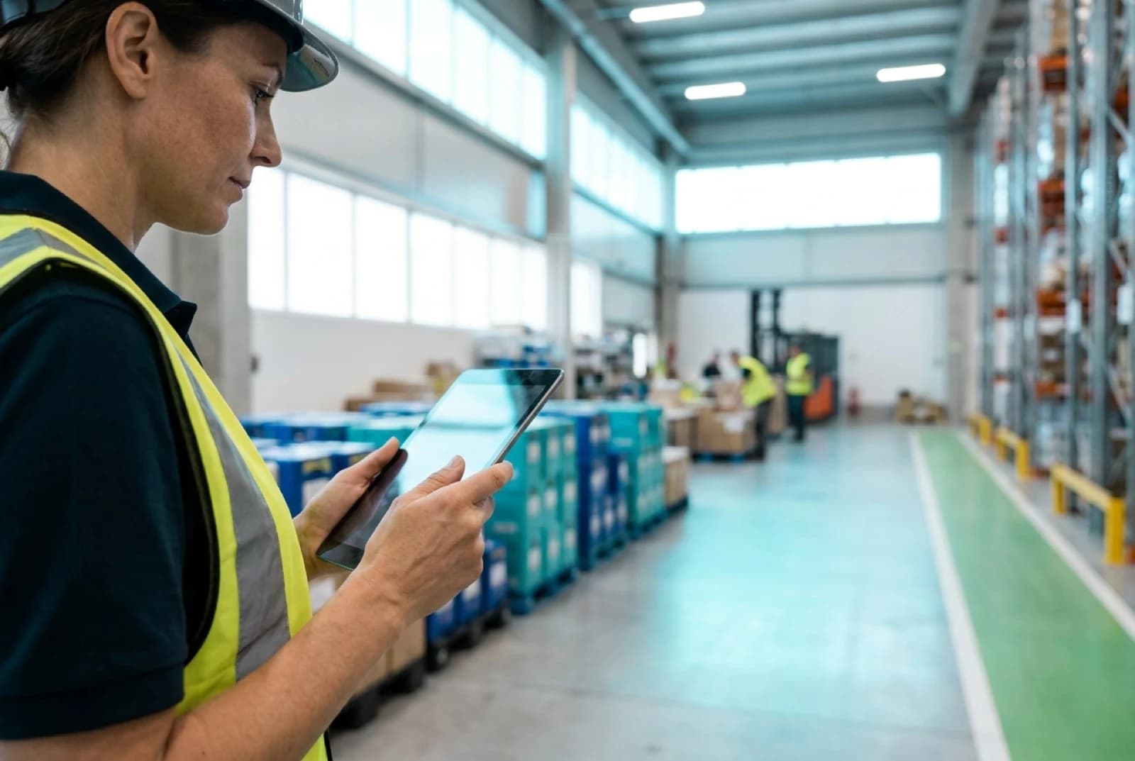 woman holding a tablet in a warehouse wearing a safety vest and hardhat