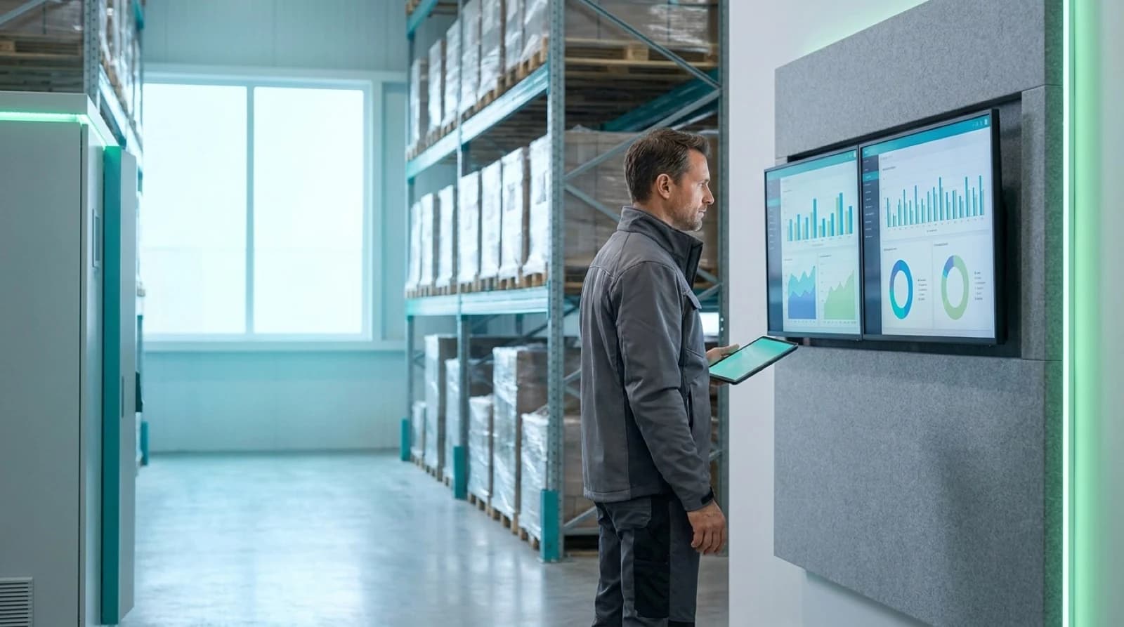 warehouse worker looking at charts and graphs on monitors
