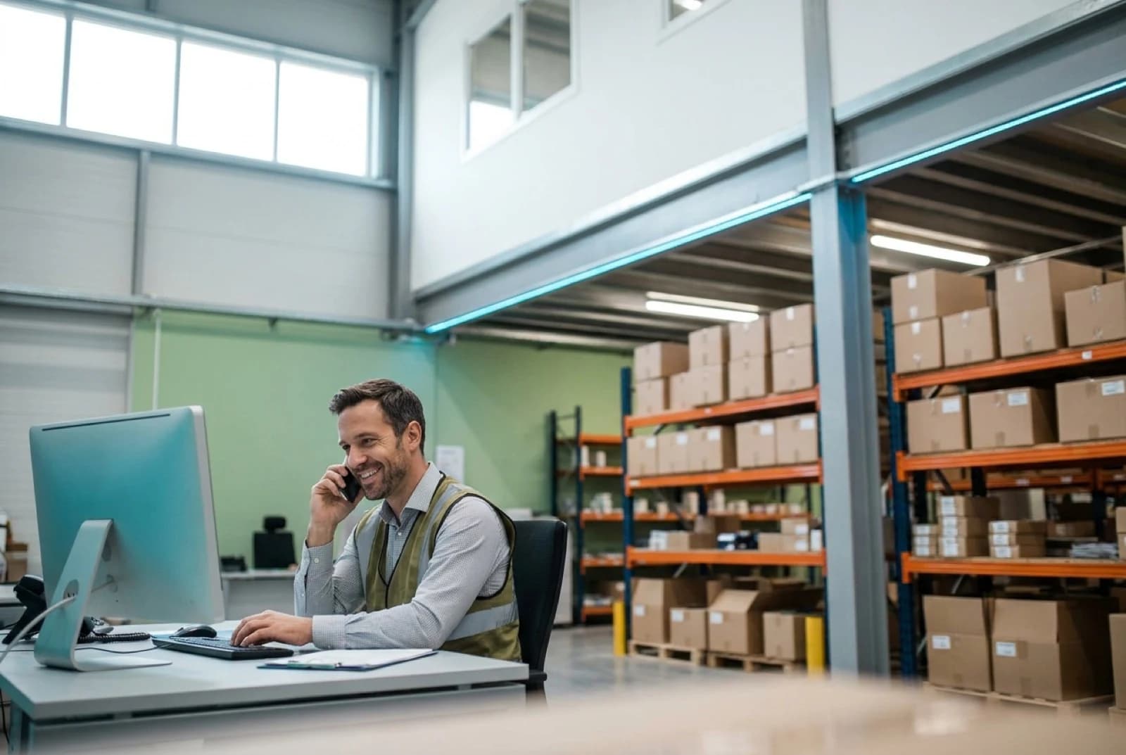 warehouse worker sitting at a desk inside a warehouse on the phone with a customer