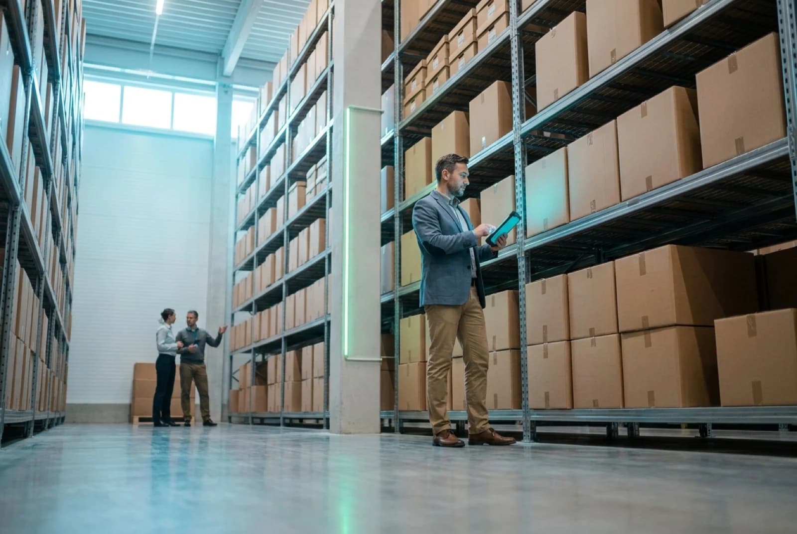 warehouse aisle with shelving full of boxes