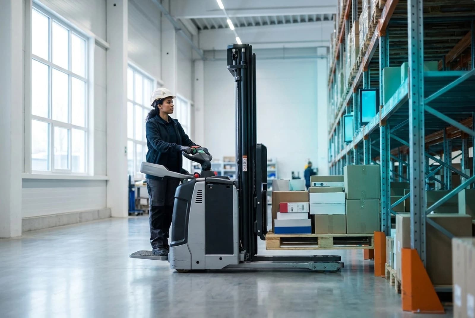 Warehouse worker operating forklift for picking and packing operations in distribution center