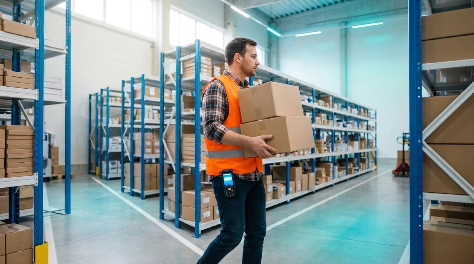 Warehouse worker in safety vest carrying boxes during picking and packing operations