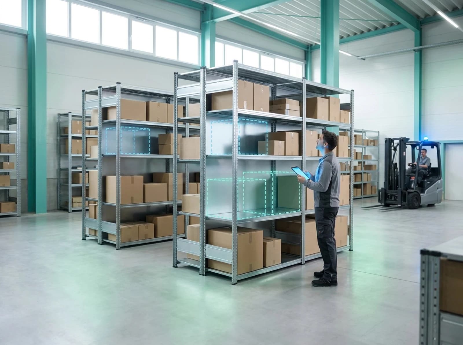 Two warehouse shelving units with dashed outline boxes indicating stock out inventory gaps