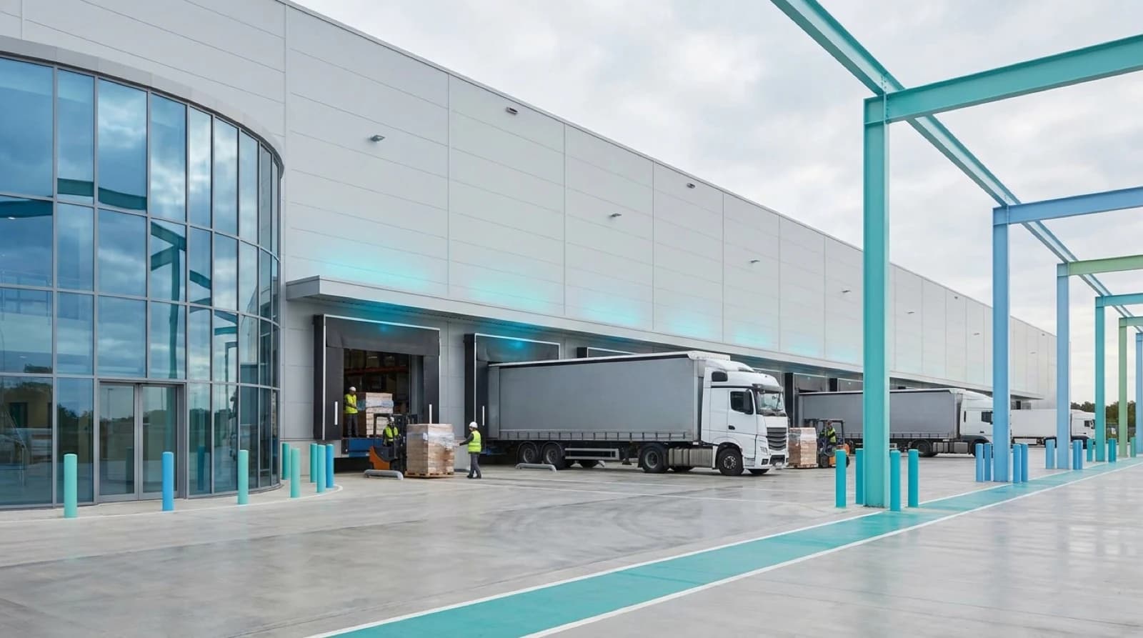 the outside of a distribution center with trucks being unloaded at multiple warehouse docks