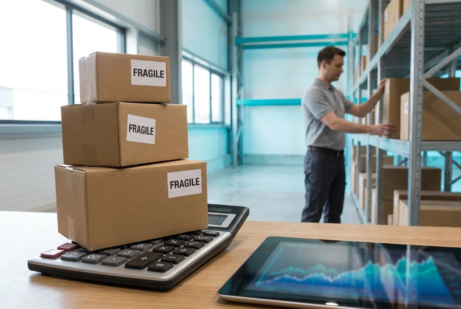 Fragile shipping boxes stacked on calculator with business growth charts overlay