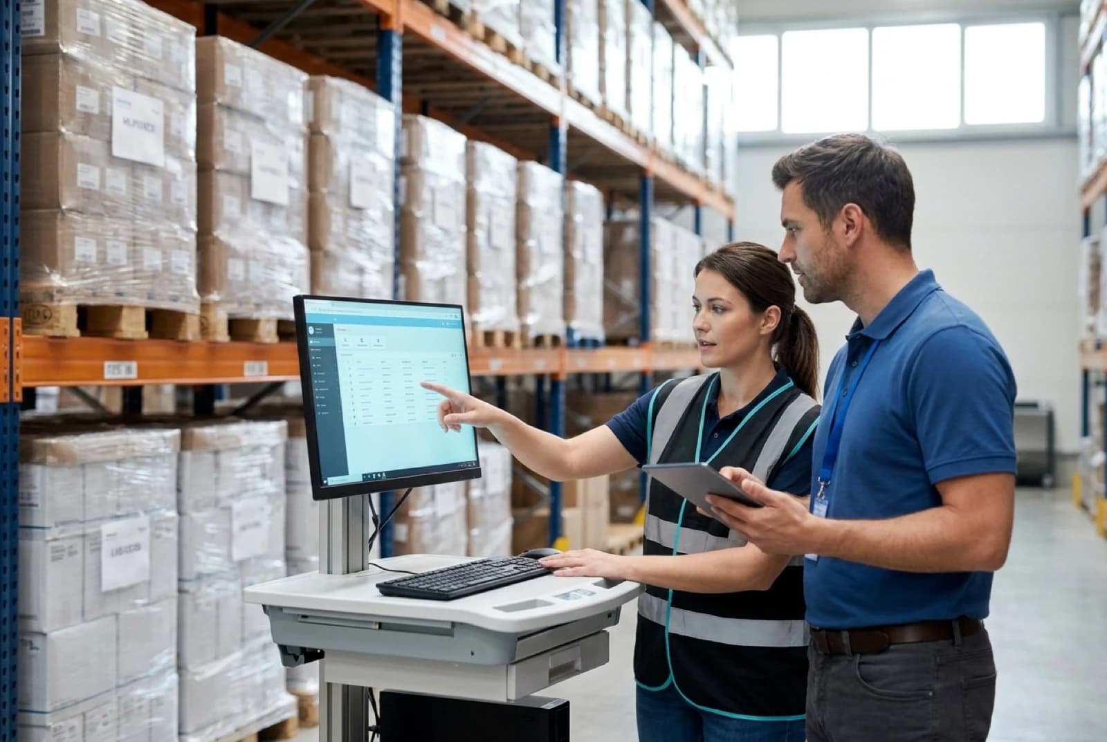 warehouse employees using cloud wms software on computer