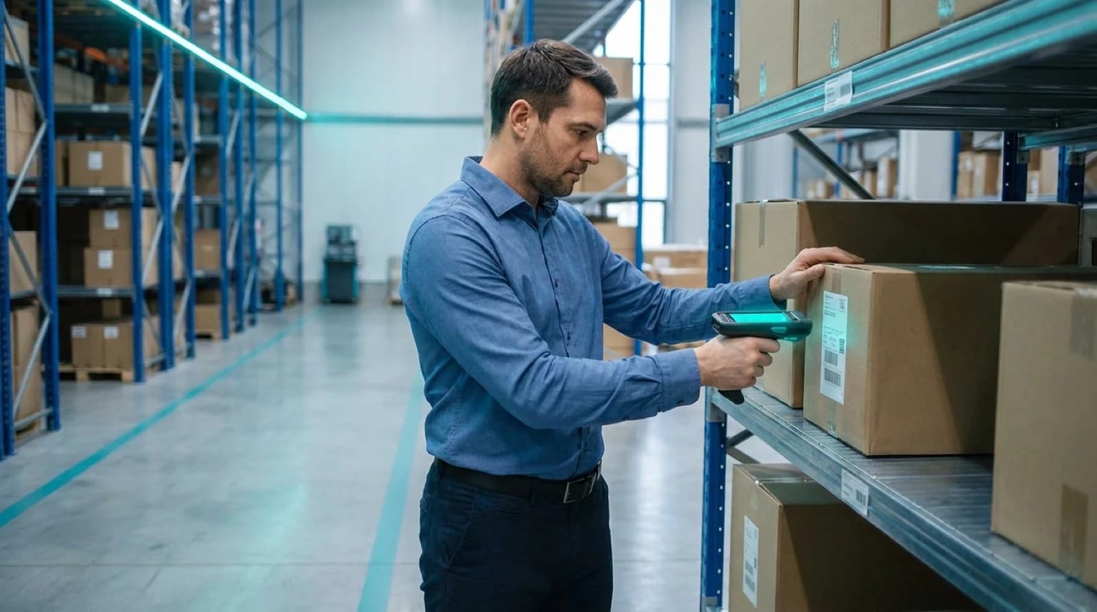 warehouse manager scanning box to reduce costs with optimized storage locations