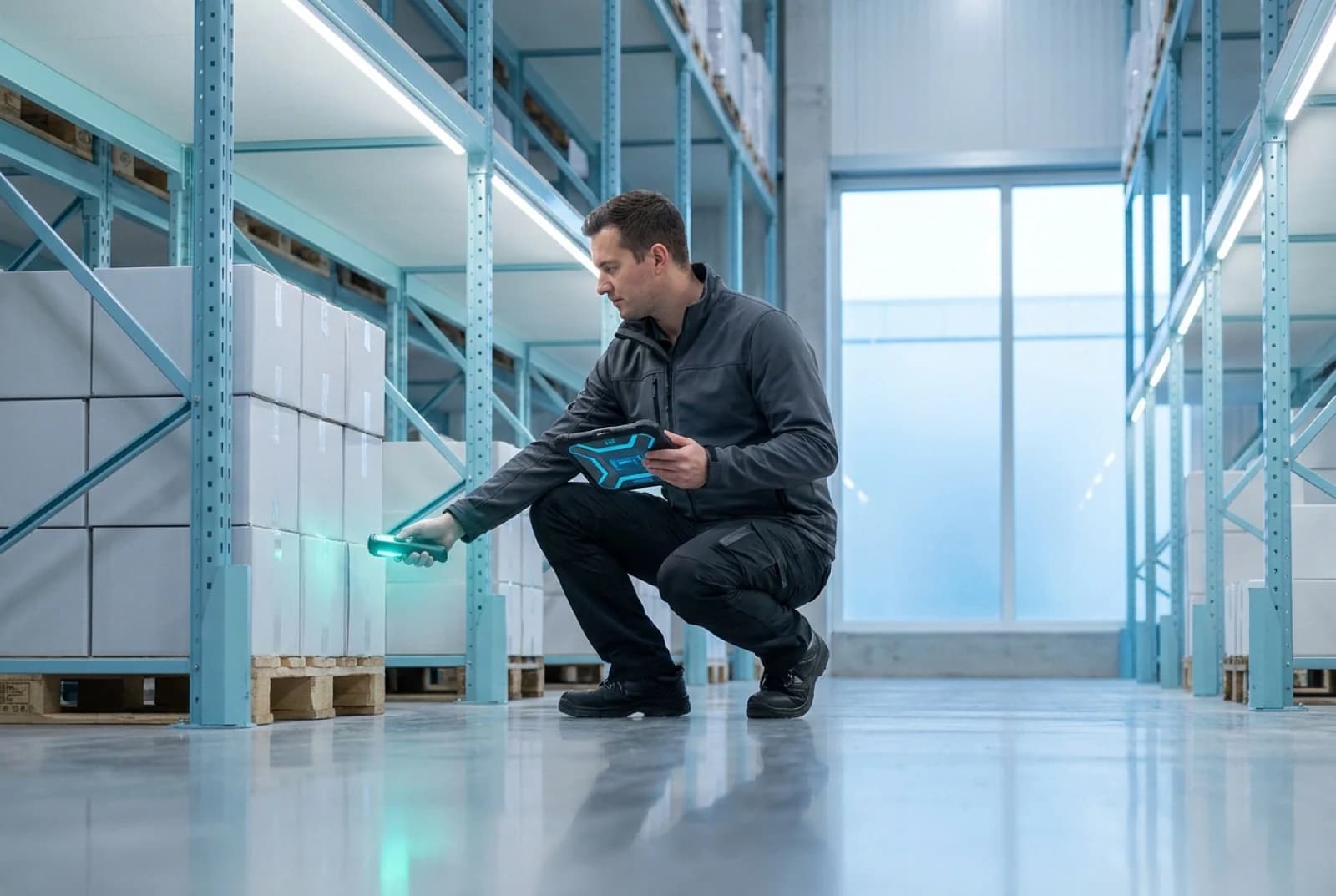 warehouse worker checking stock of an item on his tablet