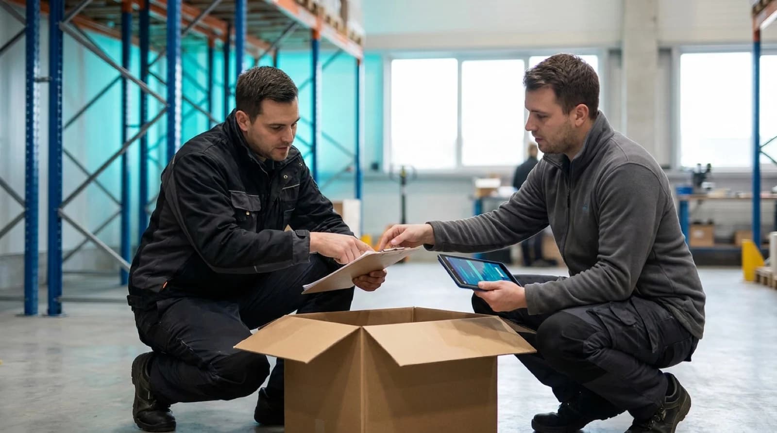warehouse workers reviewing inventory received looking at paperwork and the box