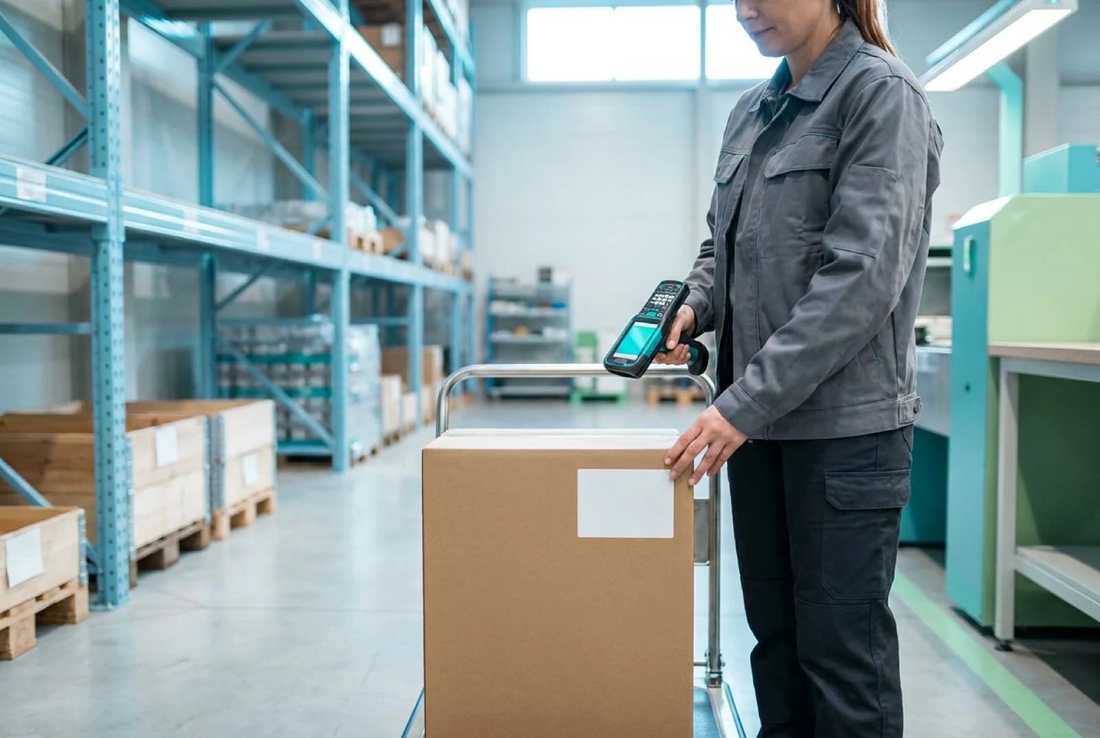 woman in warehouse scanning a barcode on a box