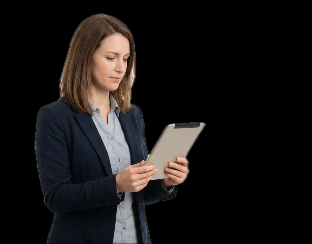 woman in a navy blazer looking at a tablet