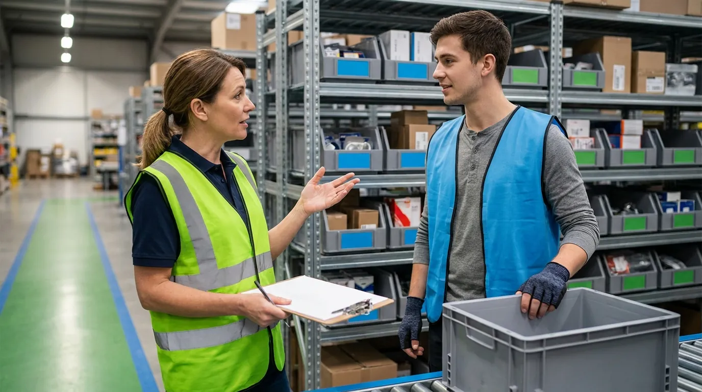 Warehouse supervisor with clipboard talking to worker at picking station